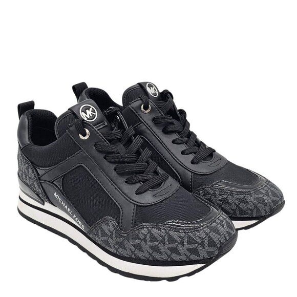 Michael Kors Wilma Logo Trainer Womens Sneakers 7 Black MK Monogram Gym Workout - Picture 1 of 15